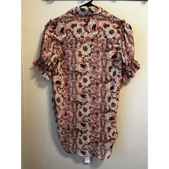 MISA Los Angeles Lara Brown Beige FloralShort Sleeve Collared Blouse Size XS - Picture 9 of 11